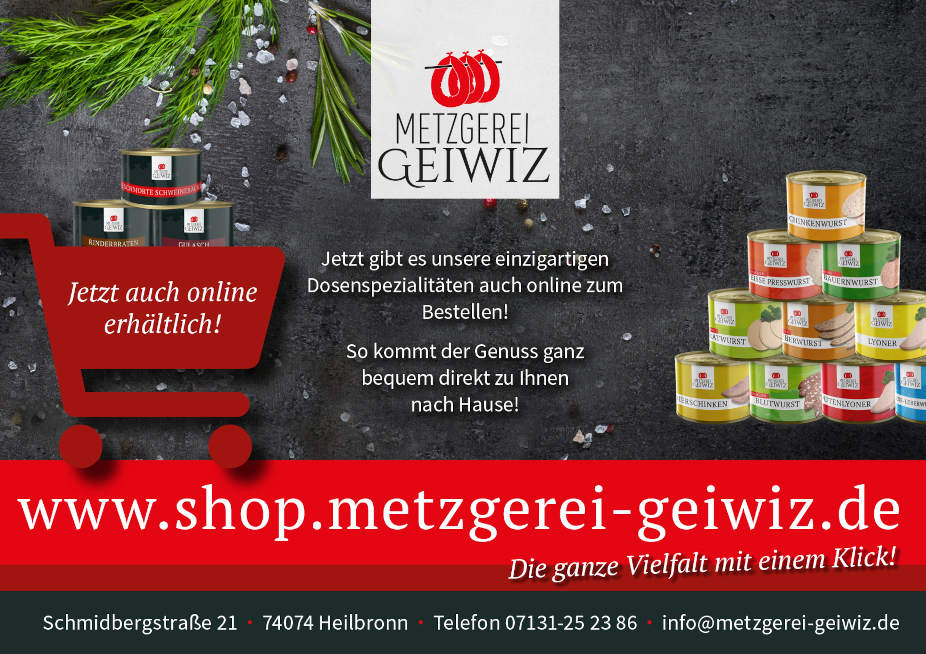 Graue Dose mit weißer Aufschritt "Online Shop". Darüber das Logo der Metzgerei Geiwiz