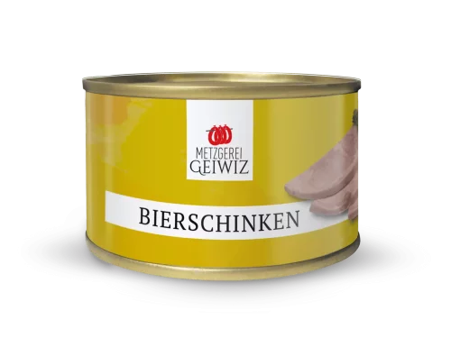 Bierschinken Dose in gelb mit schwarter Aufschrift "Bierschinken". Daneben vier Scheiben Bierschinken. Darüber das Metzgerei Geiwiz Logo