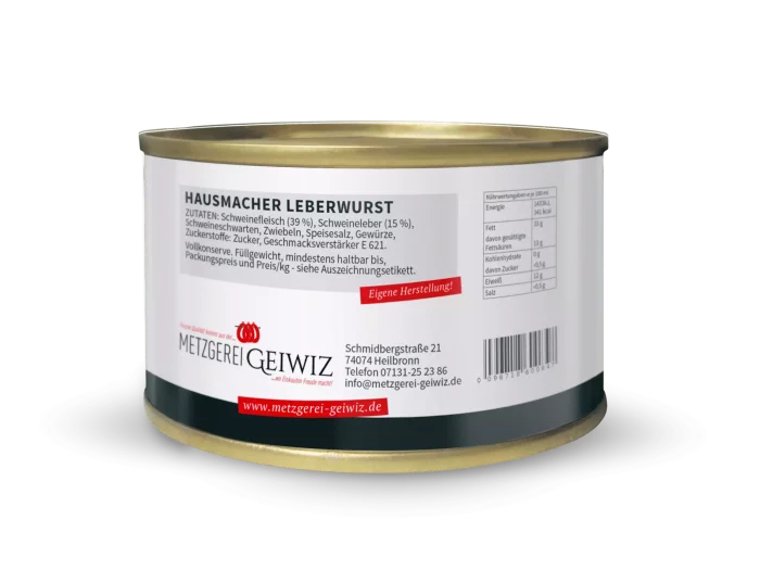 Graue Dose mit weißer Aufschritt "Hausmacher Leberwurst". Darüber das Logo der Metzgerei Geiwiz