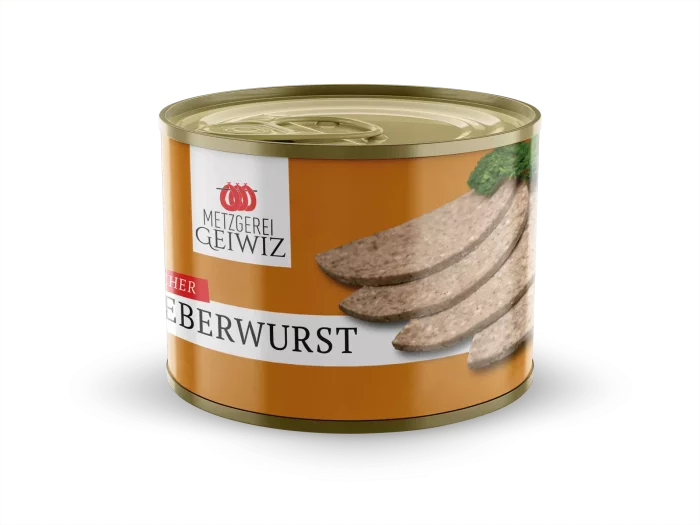 Braune Dose mit schwarzer Aufschritt "Hausmacher Leberwurst". Darüber das Logo der Metzgerei Geiwiz