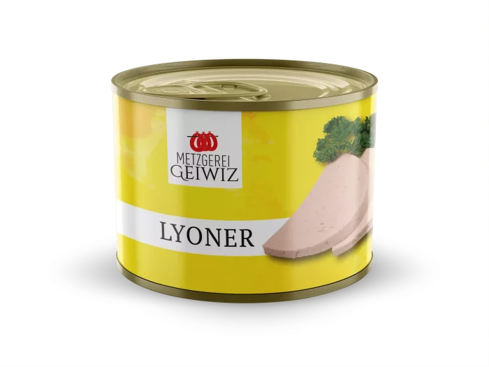 Gelbe Dose mit schwarzer Aufschritt "Lyoner". Darüber das Logo der Metzgerei Geiwiz