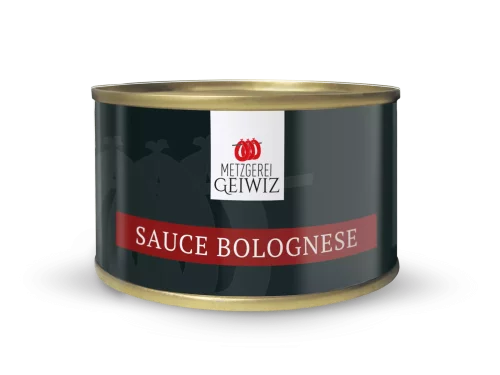 Graue Dose mit Weißer Aufschrift "Sauce Bolognese". Darüber das Logo der Metzgerei Geiwiz